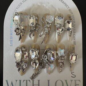 Size S Handmade Elegant Silver and Red Gemstone Nail Set, perfect for party